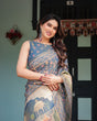 Load image into Gallery viewer, Steel Blue with Floral Patterns Linen Cotton Handloom Printed Saree, Heritage-Inspired Pallu, and Tassels LINEN HANDLOOM