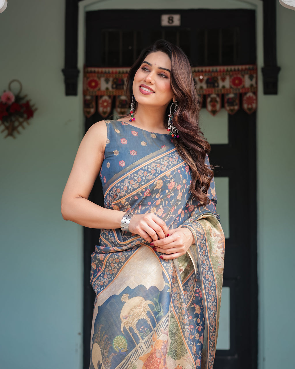 Steel Blue with Floral Patterns Linen Cotton Handloom Printed Saree, Heritage-Inspired Pallu, and Tassels LINEN HANDLOOM