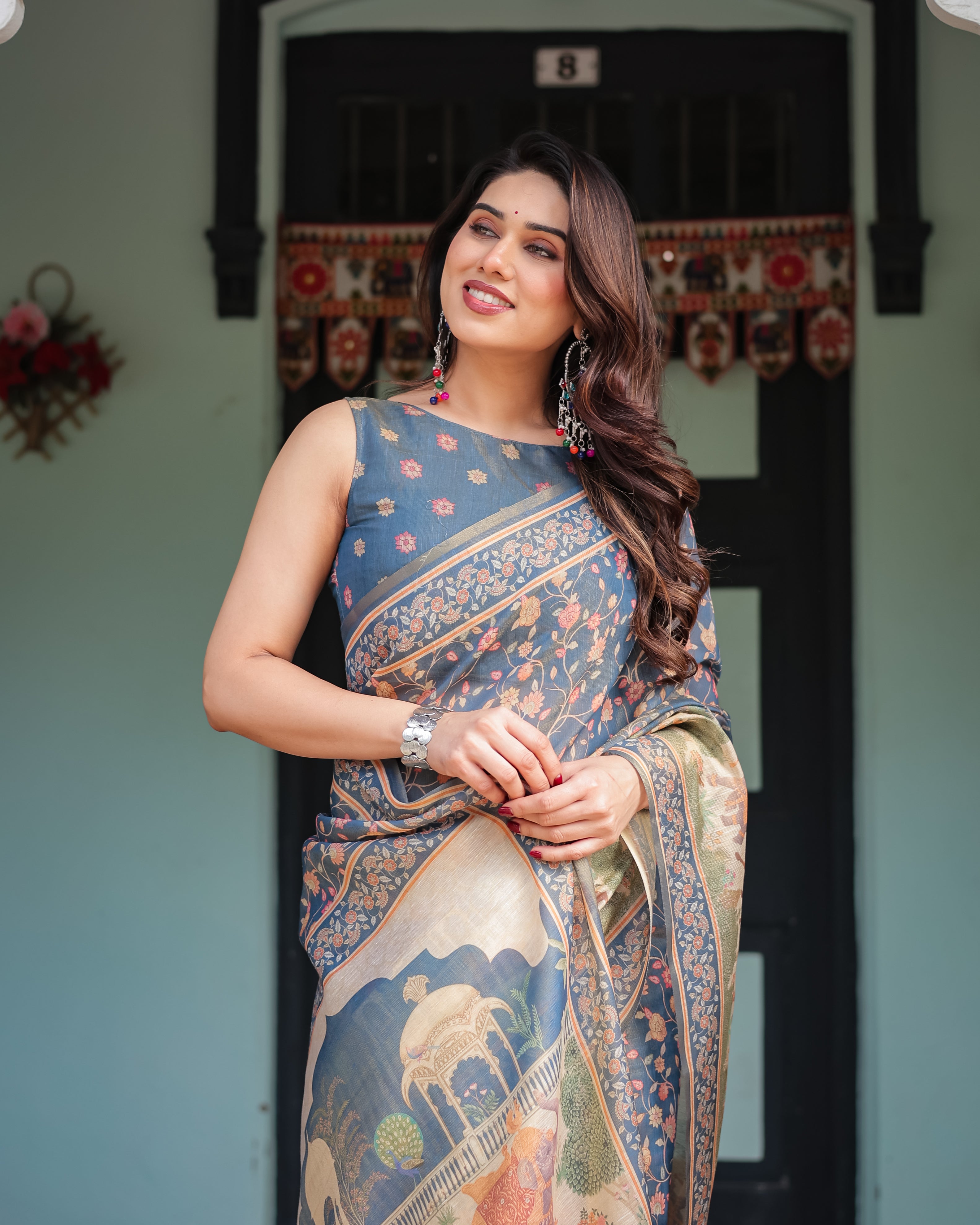 Steel Blue with Floral Patterns Linen Cotton Handloom Printed Saree, Heritage-Inspired Pallu, and Tassels LINEN HANDLOOM