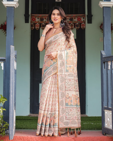 Ivory with Floral Prints Linen Cotton Handloom Printed Saree, Festive Procession Pallu, and Tassels LINEN HANDLOOM Main image