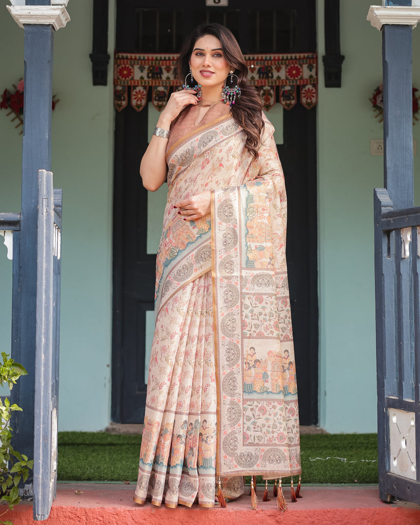 Ivory with Floral Prints Linen Cotton Handloom Printed Saree, Festive Procession Pallu, and Tassels LINEN HANDLOOM