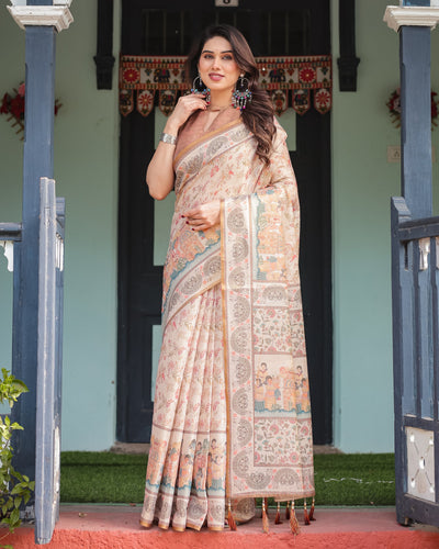 Ivory with Floral Prints Linen Cotton Handloom Printed Saree, Festive Procession Pallu, and Tassels LINEN HANDLOOM