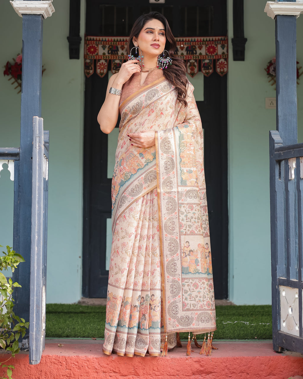 Ivory with Floral Prints Linen Cotton Handloom Printed Saree, Festive Procession Pallu, and Tassels LINEN HANDLOOM