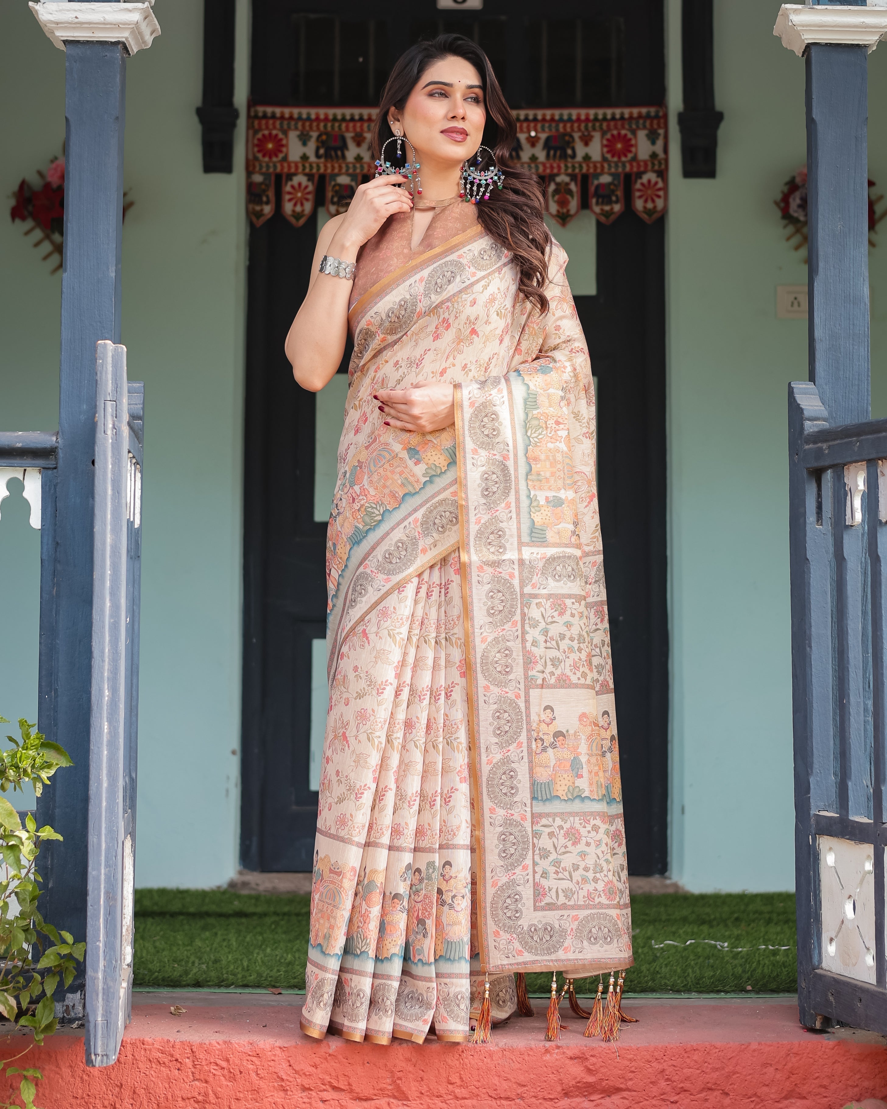 Ivory with Floral Prints Linen Cotton Handloom Printed Saree, Festive Procession Pallu, and Tassels LINEN HANDLOOM