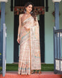 Load image into Gallery viewer, Ivory with Floral Prints Linen Cotton Handloom Printed Saree, Festive Procession Pallu, and Tassels LINEN HANDLOOM