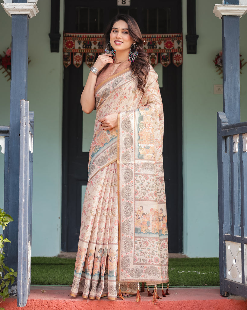 Ivory with Floral Prints Linen Cotton Handloom Printed Saree, Festive Procession Pallu, and Tassels LINEN HANDLOOM