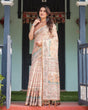 Load image into Gallery viewer, Ivory with Floral Prints Linen Cotton Handloom Printed Saree, Festive Procession Pallu, and Tassels LINEN HANDLOOM