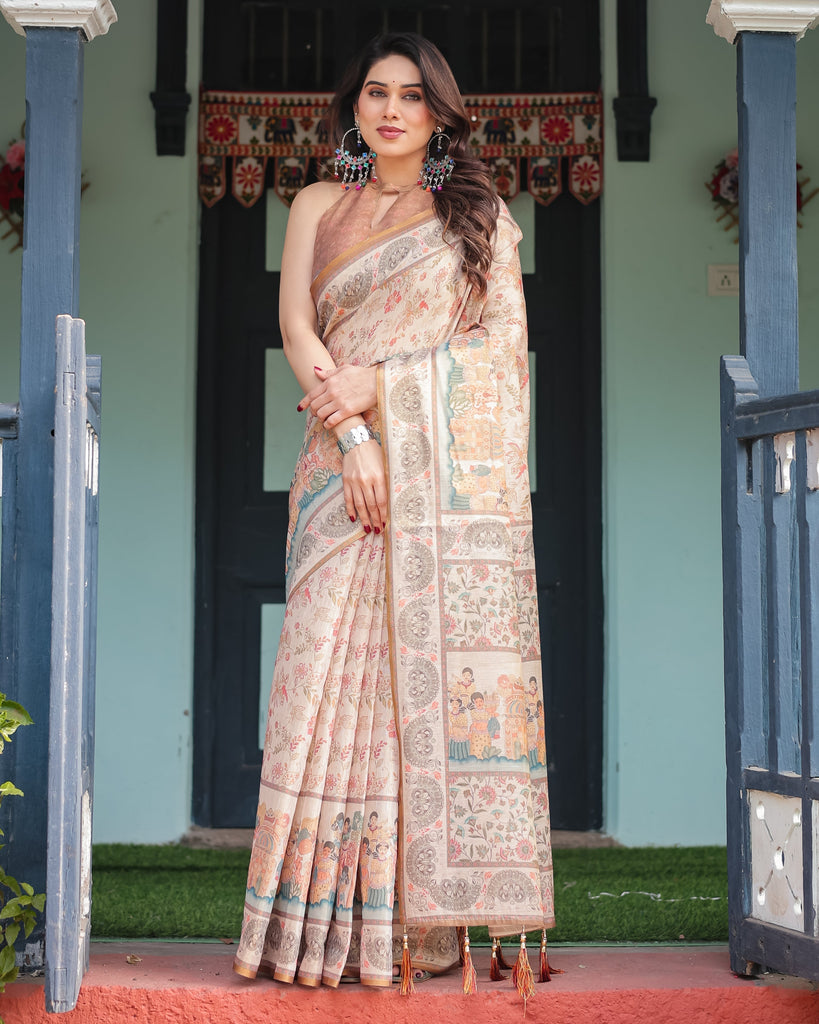 Ivory with Floral Prints Linen Cotton Handloom Printed Saree, Festive Procession Pallu, and Tassels LINEN HANDLOOM