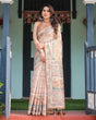 Load image into Gallery viewer, Ivory with Floral Prints Linen Cotton Handloom Printed Saree, Festive Procession Pallu, and Tassels LINEN HANDLOOM