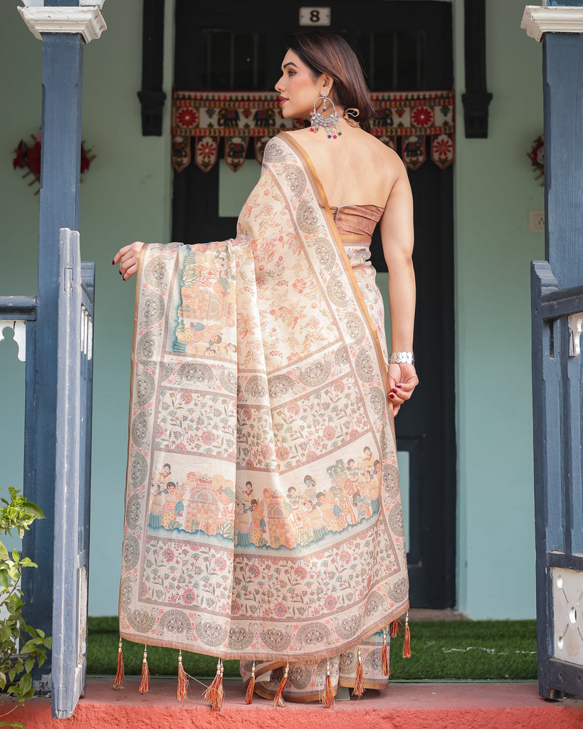 Ivory with Floral Prints Linen Cotton Handloom Printed Saree, Festive Procession Pallu, and Tassels LINEN HANDLOOM