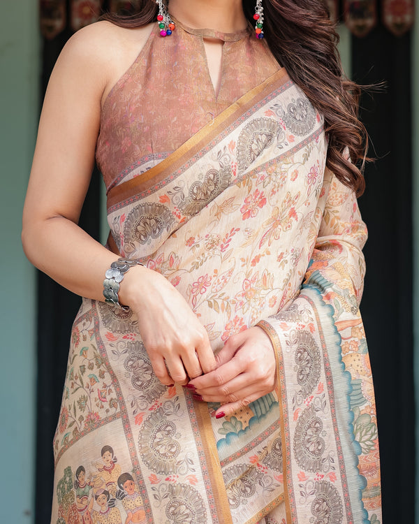 Ivory with Floral Prints Linen Cotton Handloom Printed Saree, Festive Procession Pallu, and Tassels LINEN HANDLOOM