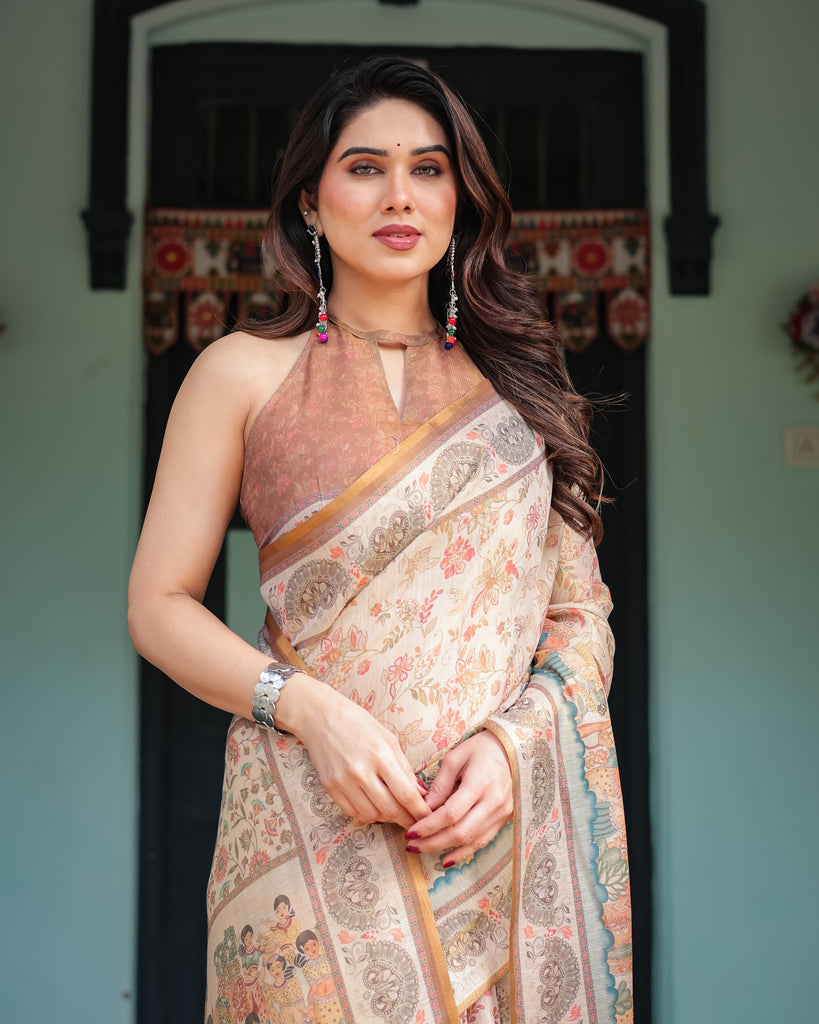 Ivory with Floral Prints Linen Cotton Handloom Printed Saree, Festive Procession Pallu, and Tassels LINEN HANDLOOM