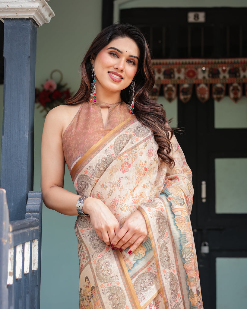 Ivory with Floral Prints Linen Cotton Handloom Printed Saree, Festive Procession Pallu, and Tassels LINEN HANDLOOM