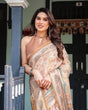 Load image into Gallery viewer, Ivory with Floral Prints Linen Cotton Handloom Printed Saree, Festive Procession Pallu, and Tassels LINEN HANDLOOM