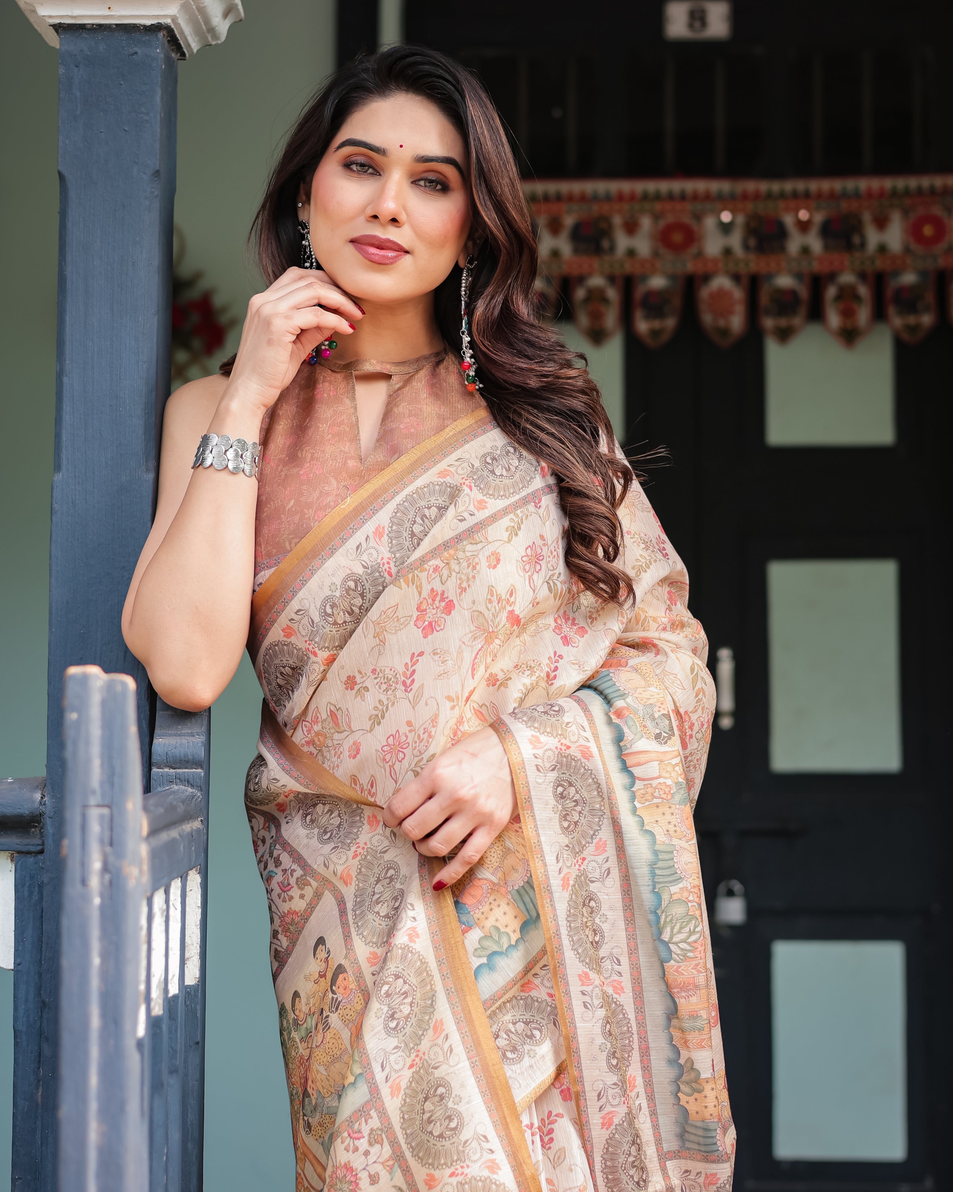 Ivory with Floral Prints Linen Cotton Handloom Printed Saree, Festive Procession Pallu, and Tassels LINEN HANDLOOM