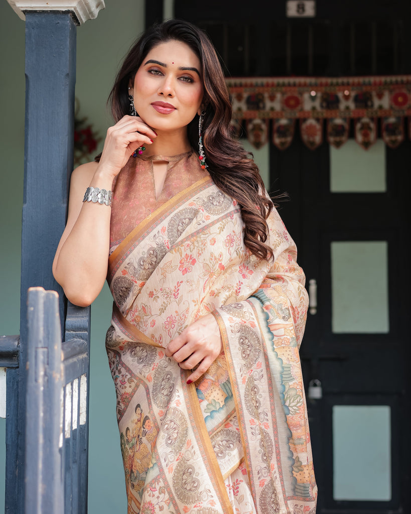 Ivory with Floral Prints Linen Cotton Handloom Printed Saree, Festive Procession Pallu, and Tassels LINEN HANDLOOM