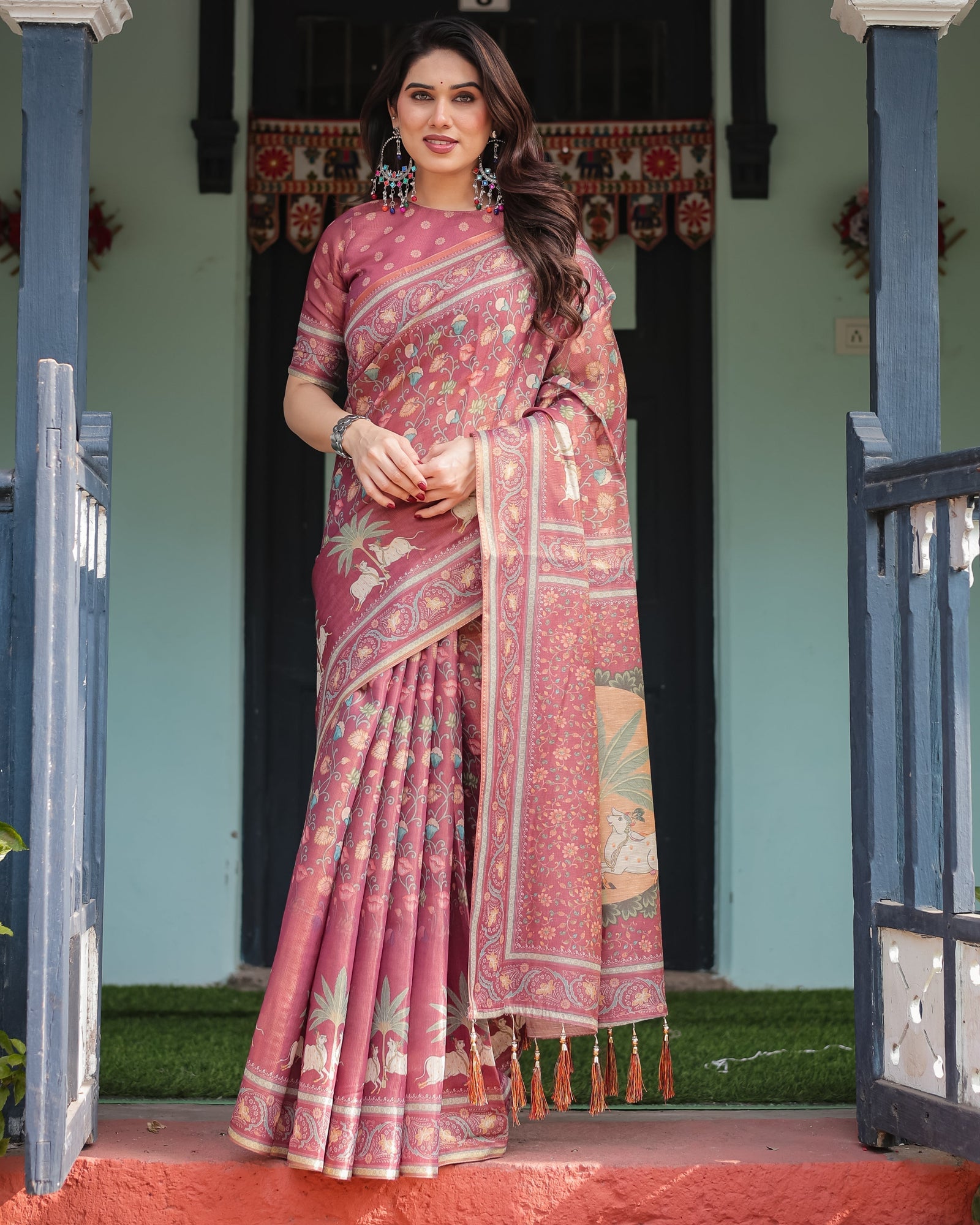 Mauve with Floral Motifs Linen Cotton Handloom Printed Saree, Pastoral Scene Pallu, and Tassels LINEN HANDLOOM