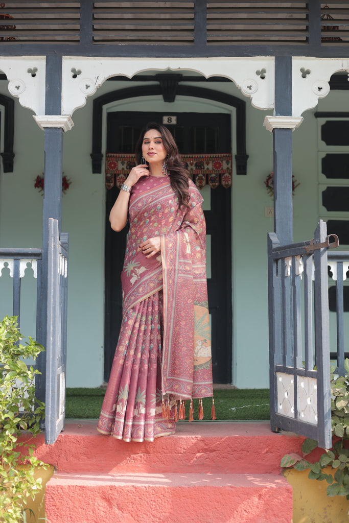 Mauve with Floral Motifs Linen Cotton Handloom Printed Saree, Pastoral Scene Pallu, and Tassels LINEN HANDLOOM