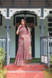 Load image into Gallery viewer, Mauve with Floral Motifs Linen Cotton Handloom Printed Saree, Pastoral Scene Pallu, and Tassels LINEN HANDLOOM