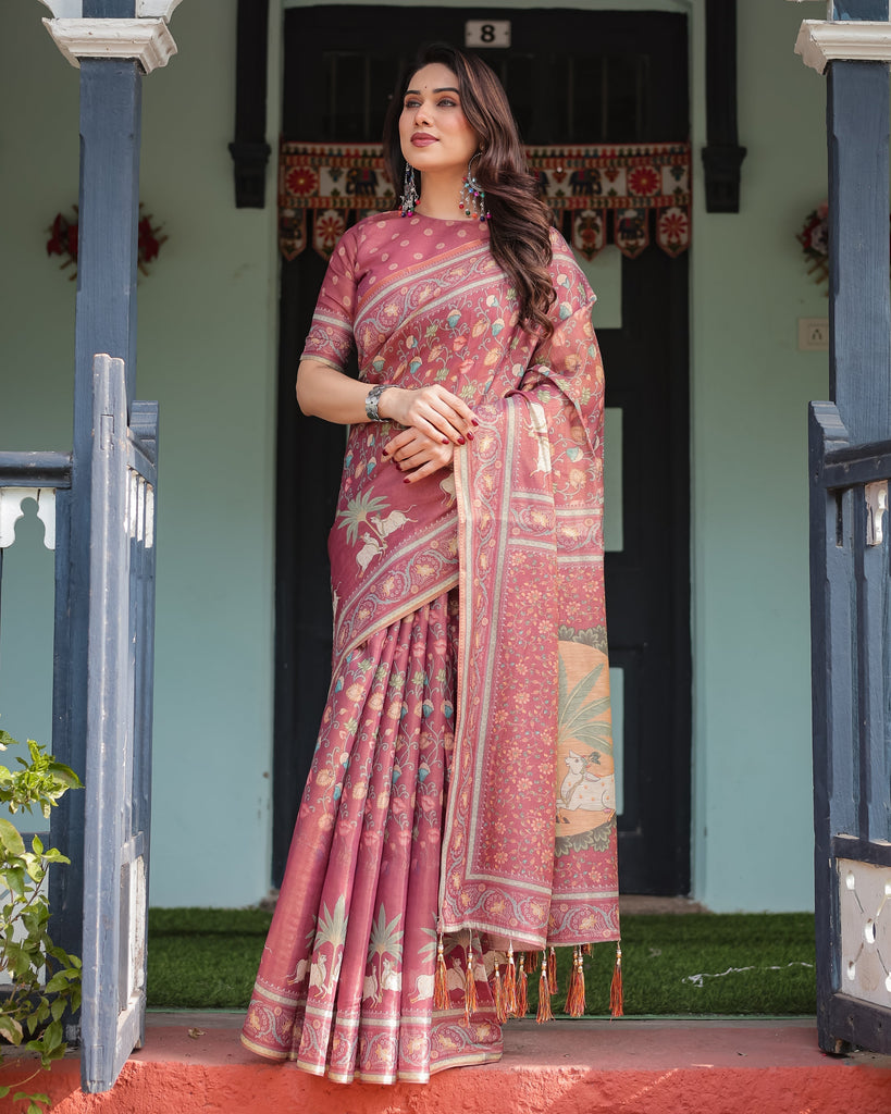 Mauve with Floral Motifs Linen Cotton Handloom Printed Saree, Pastoral Scene Pallu, and Tassels LINEN HANDLOOM