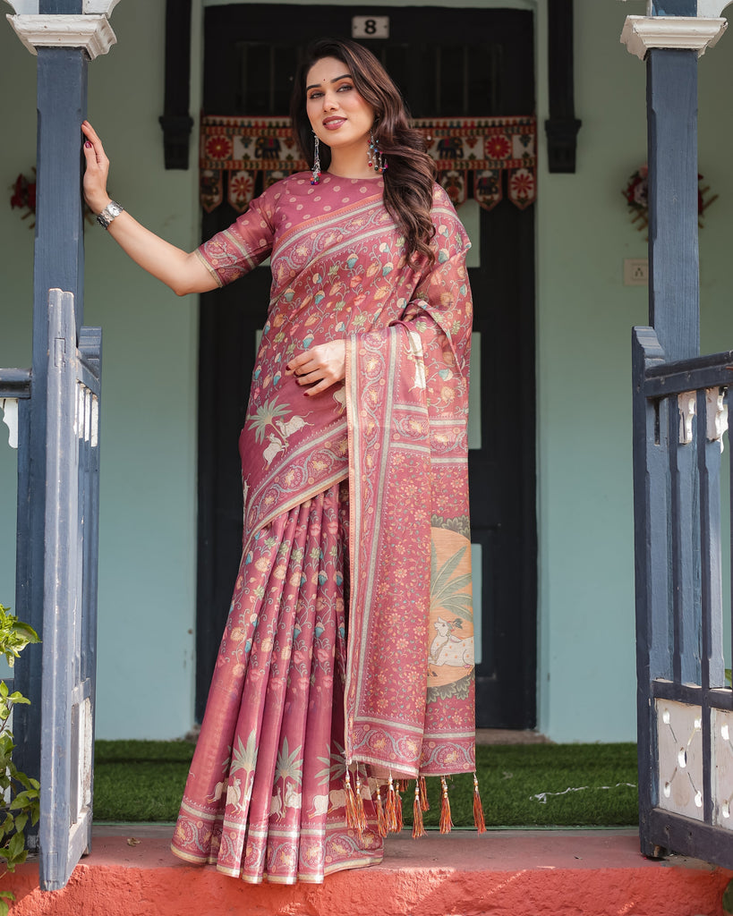 Mauve with Floral Motifs Linen Cotton Handloom Printed Saree, Pastoral Scene Pallu, and Tassels LINEN HANDLOOM