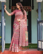 Load image into Gallery viewer, Mauve with Floral Motifs Linen Cotton Handloom Printed Saree, Pastoral Scene Pallu, and Tassels LINEN HANDLOOM