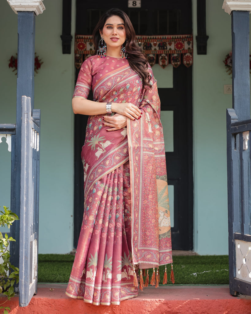 Mauve with Floral Motifs Linen Cotton Handloom Printed Saree, Pastoral Scene Pallu, and Tassels LINEN HANDLOOM
