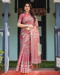 Load image into Gallery viewer, Mauve with Floral Motifs Linen Cotton Handloom Printed Saree, Pastoral Scene Pallu, and Tassels LINEN HANDLOOM