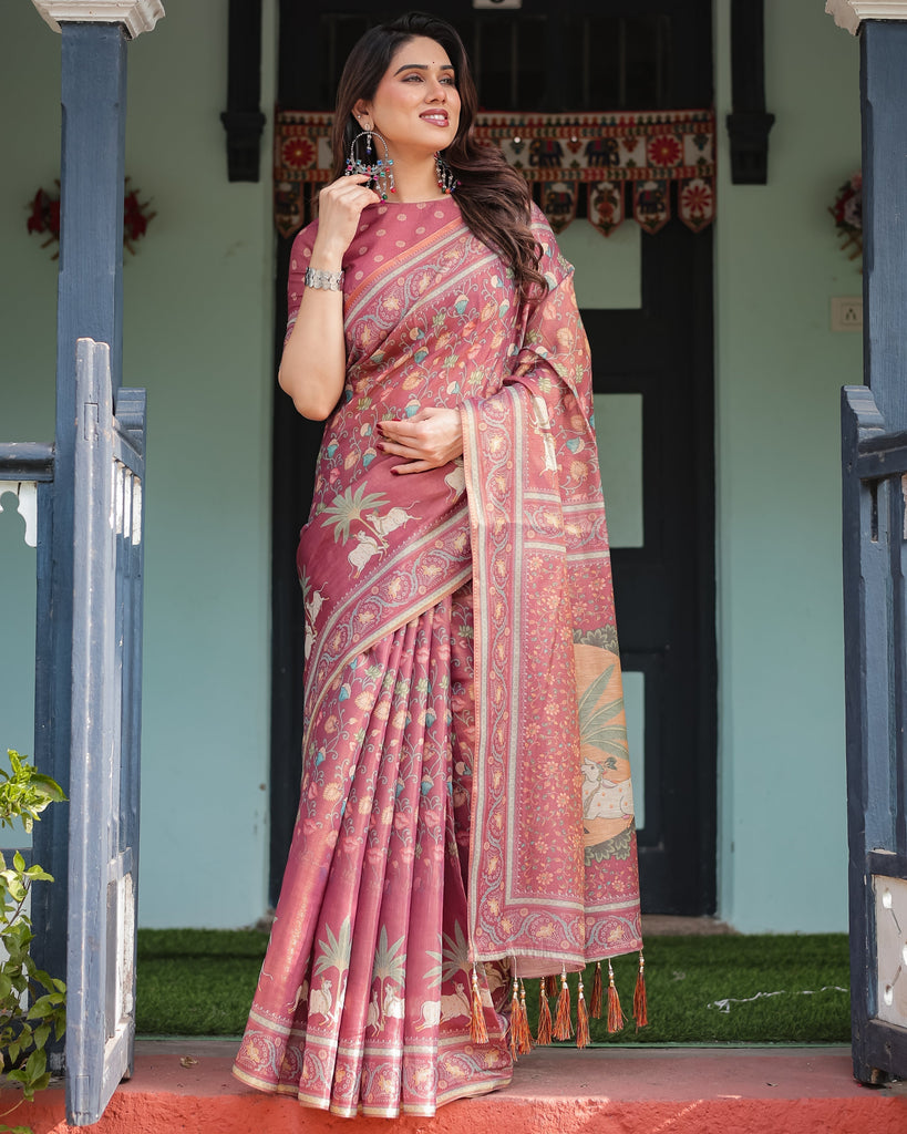 Mauve with Floral Motifs Linen Cotton Handloom Printed Saree, Pastoral Scene Pallu, and Tassels LINEN HANDLOOM