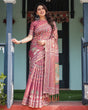 Load image into Gallery viewer, Mauve with Floral Motifs Linen Cotton Handloom Printed Saree, Pastoral Scene Pallu, and Tassels LINEN HANDLOOM