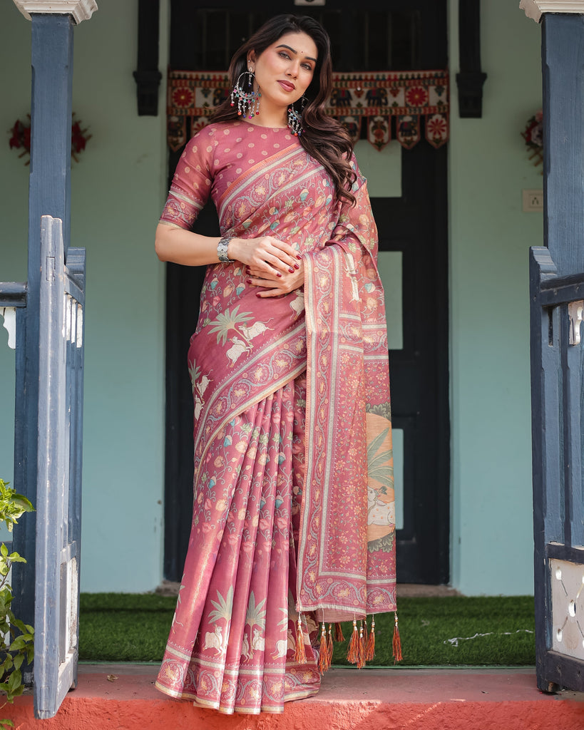 Mauve with Floral Motifs Linen Cotton Handloom Printed Saree, Pastoral Scene Pallu, and Tassels LINEN HANDLOOM
