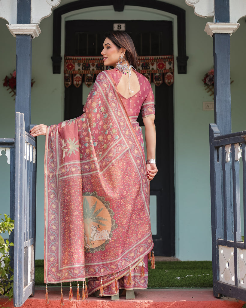Mauve with Floral Motifs Linen Cotton Handloom Printed Saree, Pastoral Scene Pallu, and Tassels LINEN HANDLOOM