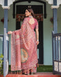 Load image into Gallery viewer, Mauve with Floral Motifs Linen Cotton Handloom Printed Saree, Pastoral Scene Pallu, and Tassels LINEN HANDLOOM
