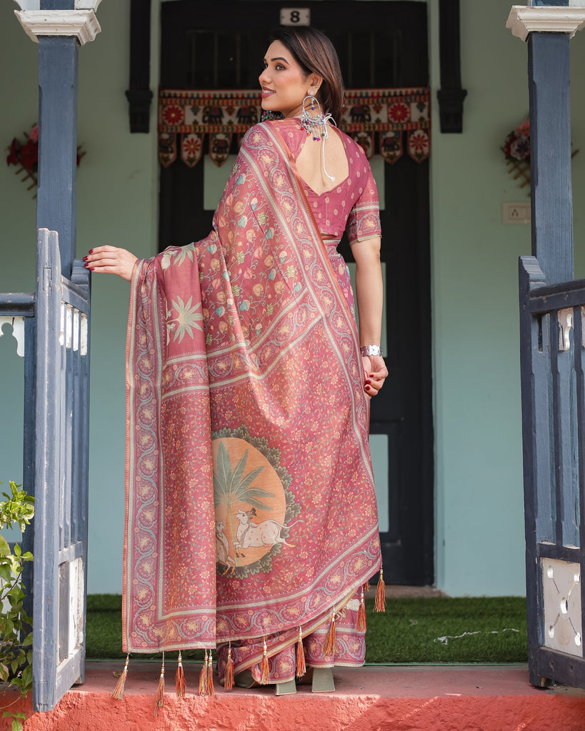 Mauve with Floral Motifs Linen Cotton Handloom Printed Saree, Pastoral Scene Pallu, and Tassels LINEN HANDLOOM
