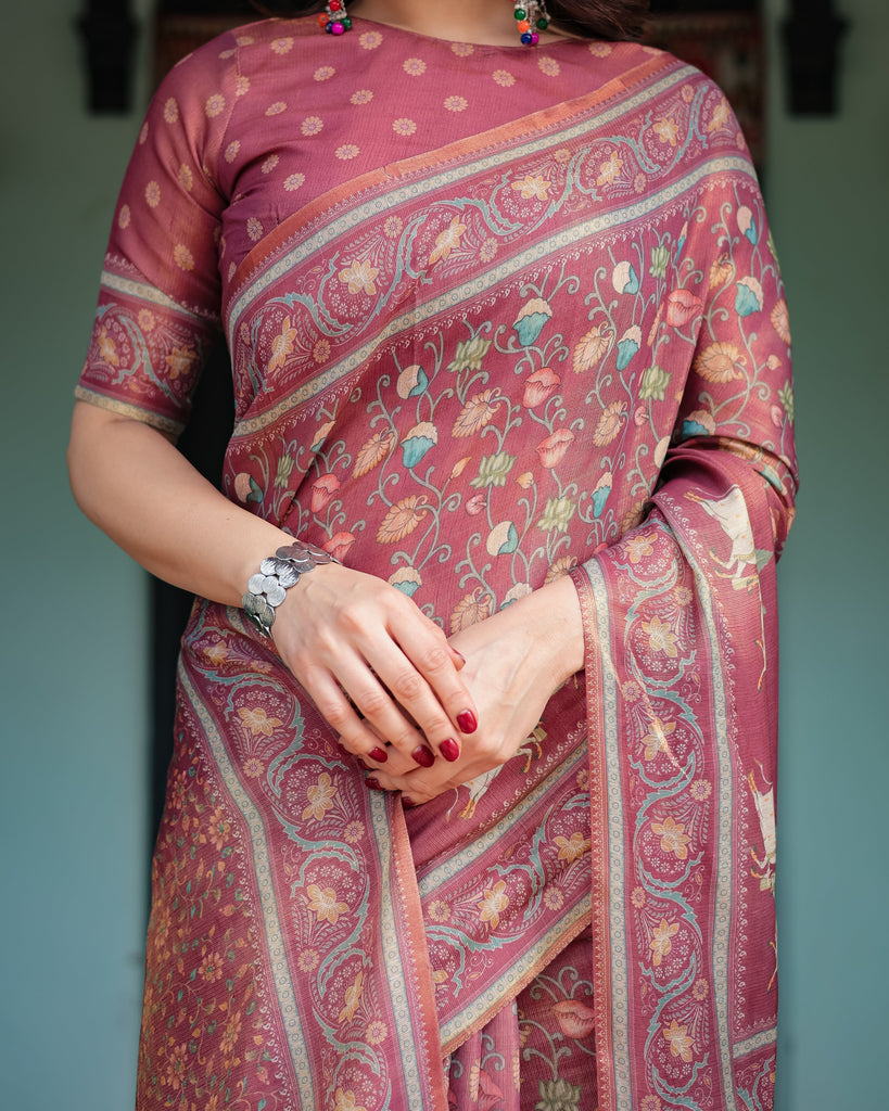 Mauve with Floral Motifs Linen Cotton Handloom Printed Saree, Pastoral Scene Pallu, and Tassels LINEN HANDLOOM