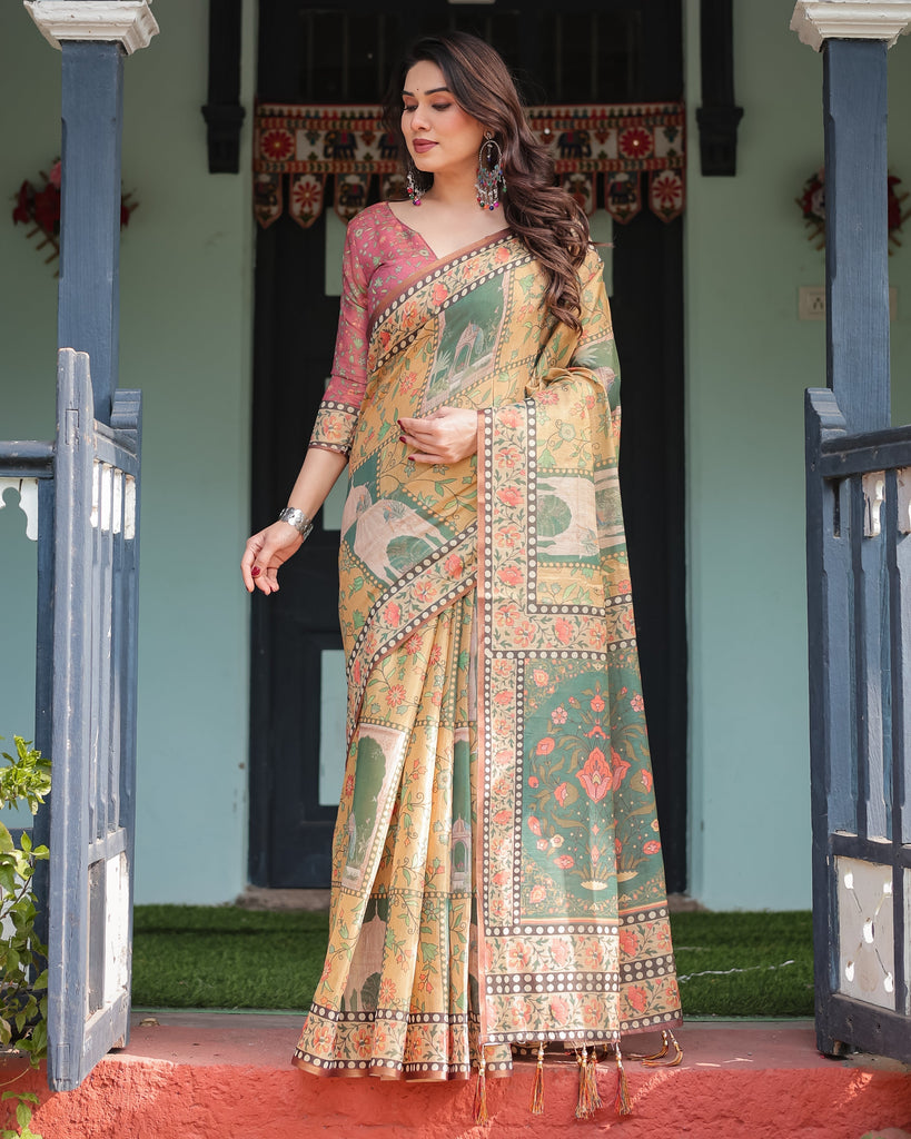 Mustard Yellow with Floral Motifs, Linen Cotton Handloom Printed Saree Architectural Pallu, and Tassels LINEN HANDLOOM