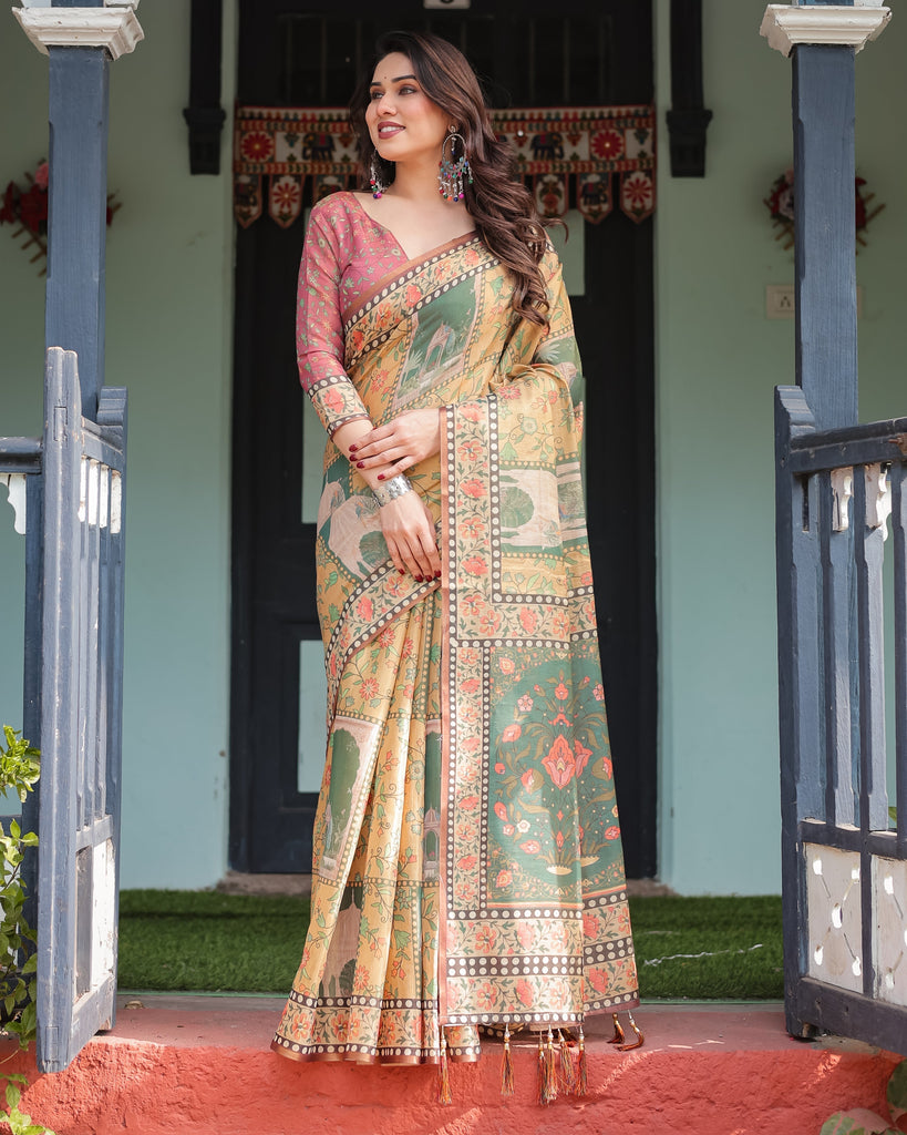 Mustard Yellow with Floral Motifs, Linen Cotton Handloom Printed Saree Architectural Pallu, and Tassels LINEN HANDLOOM