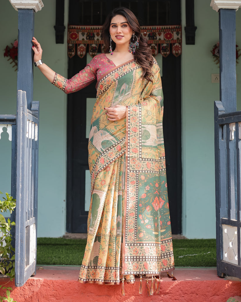 Mustard Yellow with Floral Motifs, Linen Cotton Handloom Printed Saree Architectural Pallu, and Tassels LINEN HANDLOOM