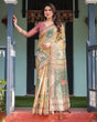 Load image into Gallery viewer, Mustard Yellow with Floral Motifs, Linen Cotton Handloom Printed Saree Architectural Pallu, and Tassels LINEN HANDLOOM