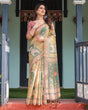 Load image into Gallery viewer, Mustard Yellow with Floral Motifs, Linen Cotton Handloom Printed Saree Architectural Pallu, and Tassels LINEN HANDLOOM