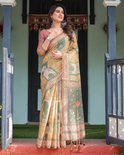 Mustard Yellow with Floral Motifs, Linen Cotton Handloom Printed Saree Architectural Pallu, and Tassels LINEN HANDLOOM