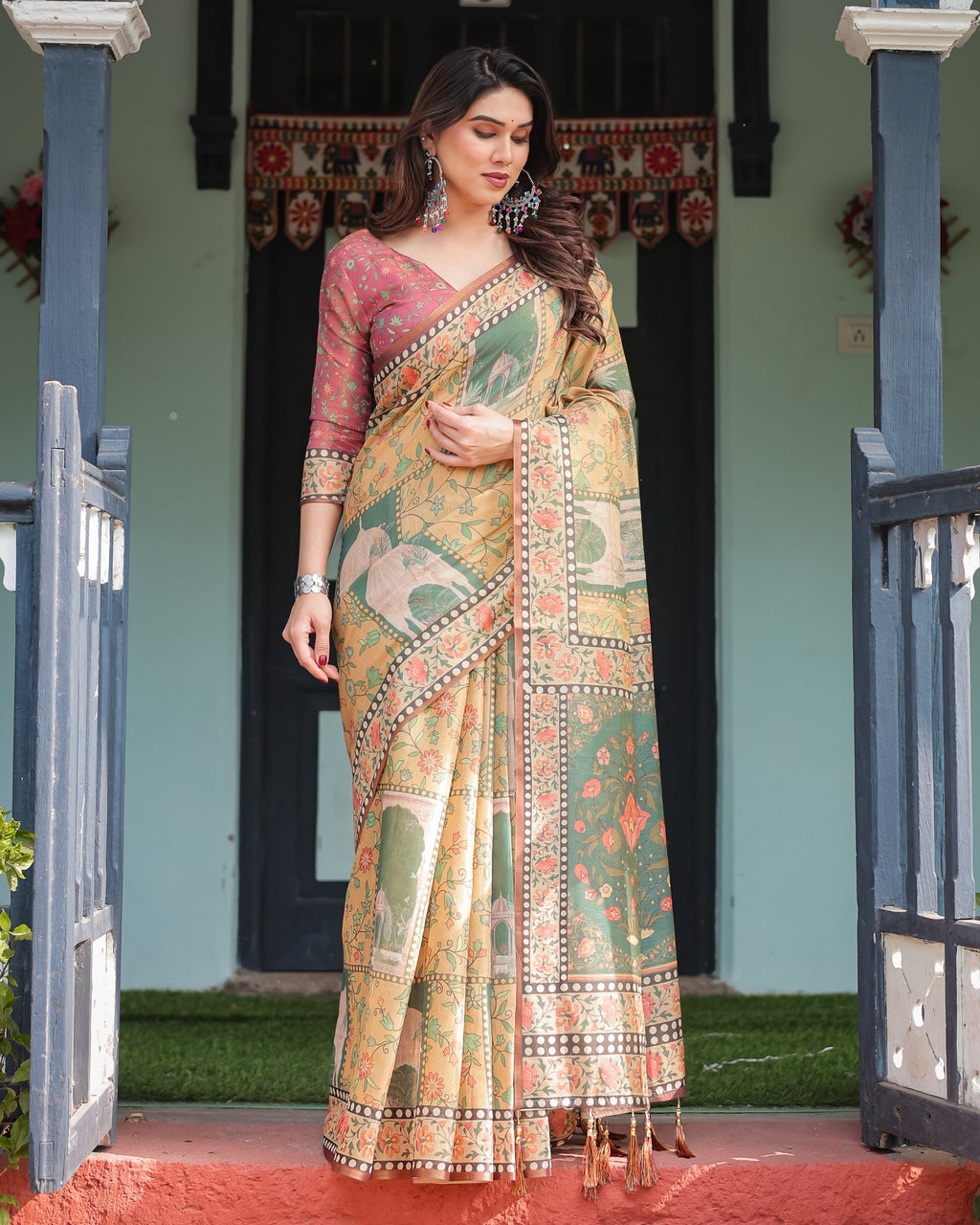 Mustard Yellow with Floral Motifs, Linen Cotton Handloom Printed Saree Architectural Pallu, and Tassels LINEN HANDLOOM