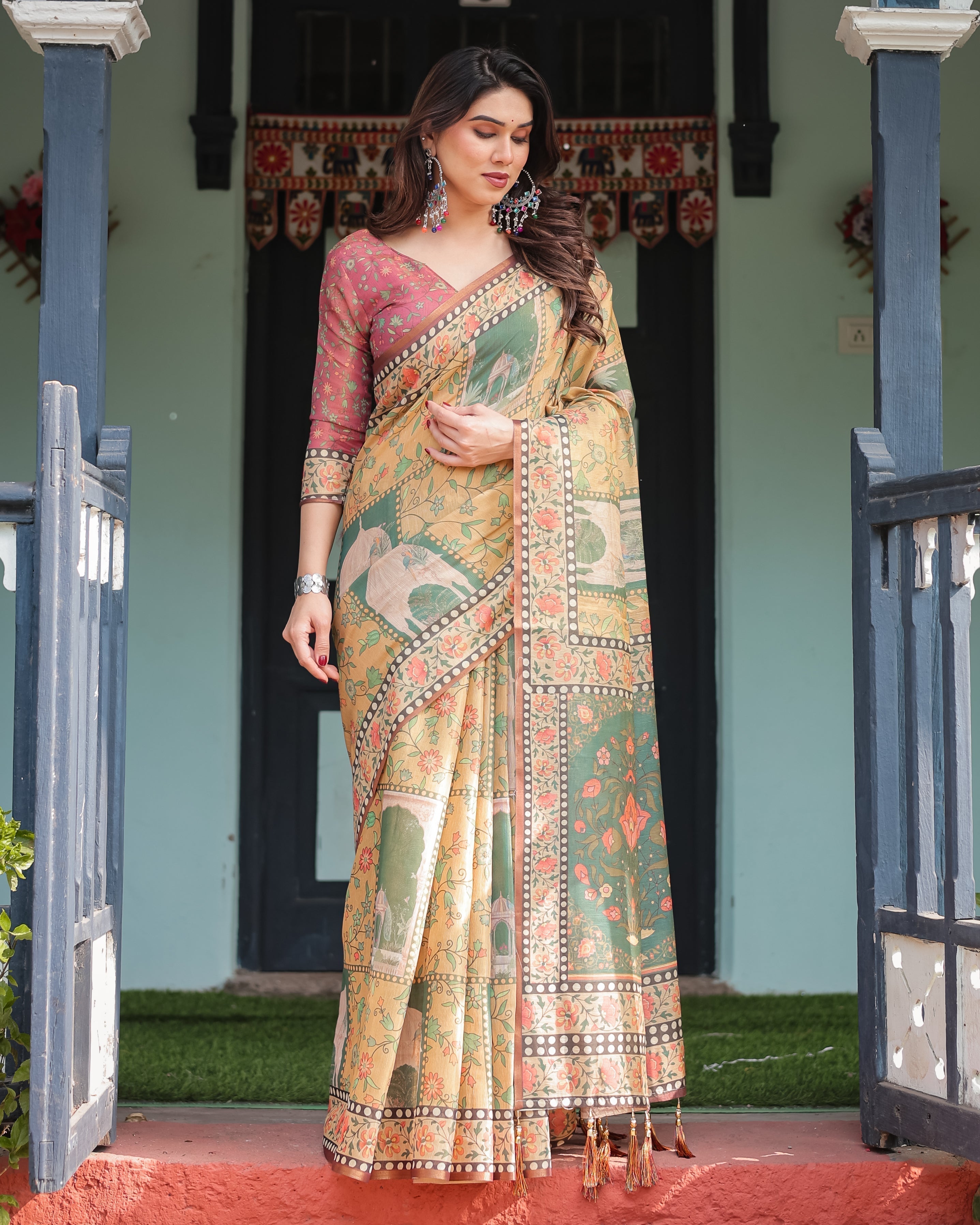 Mustard Yellow with Floral Motifs, Linen Cotton Handloom Printed Saree Architectural Pallu, and Tassels LINEN HANDLOOM