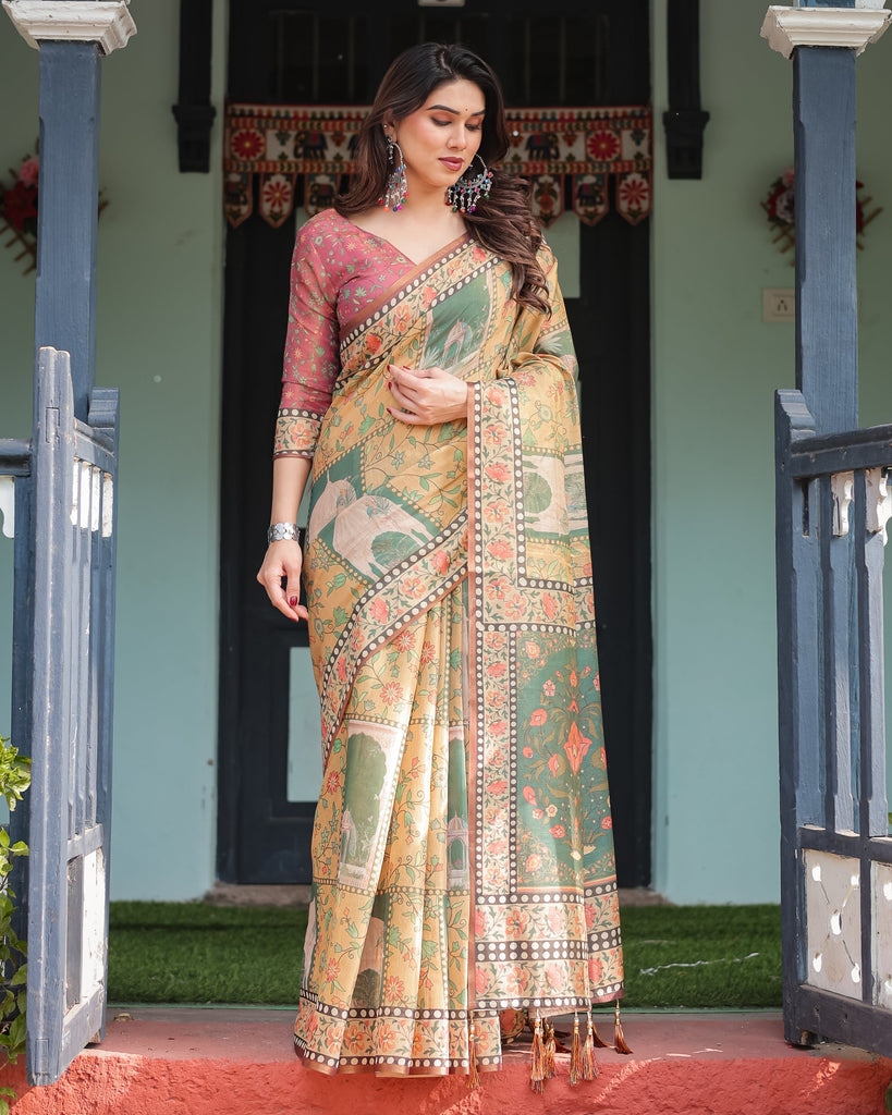 Mustard Yellow with Floral Motifs, Linen Cotton Handloom Printed Saree Architectural Pallu, and Tassels LINEN HANDLOOM