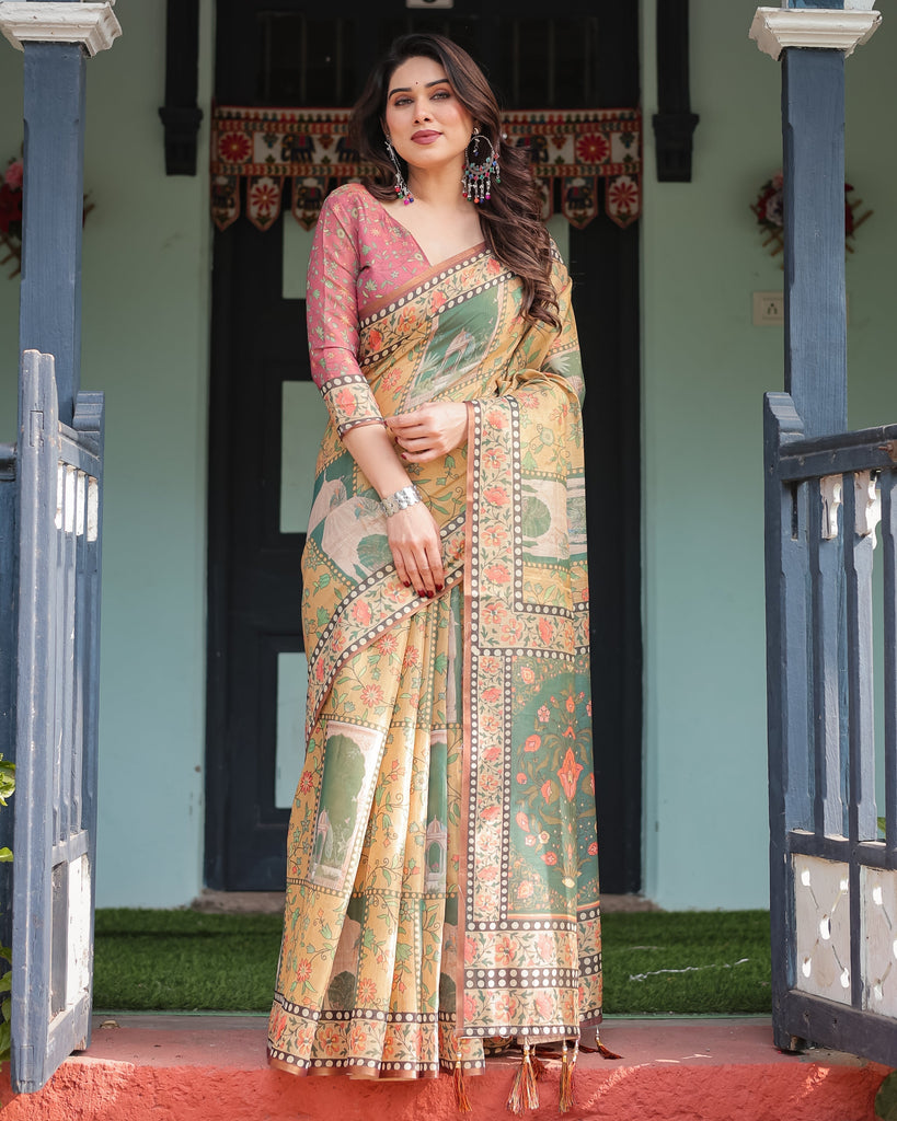 Mustard Yellow with Floral Motifs, Linen Cotton Handloom Printed Saree Architectural Pallu, and Tassels LINEN HANDLOOM