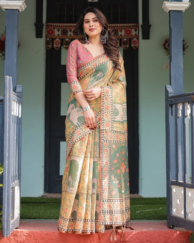 Mustard Yellow with Floral Motifs, Linen Cotton Handloom Printed Saree Architectural Pallu, and Tassels LINEN HANDLOOM