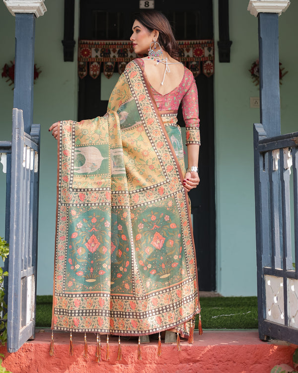Mustard Yellow with Floral Motifs, Linen Cotton Handloom Printed Saree Architectural Pallu, and Tassels LINEN HANDLOOM