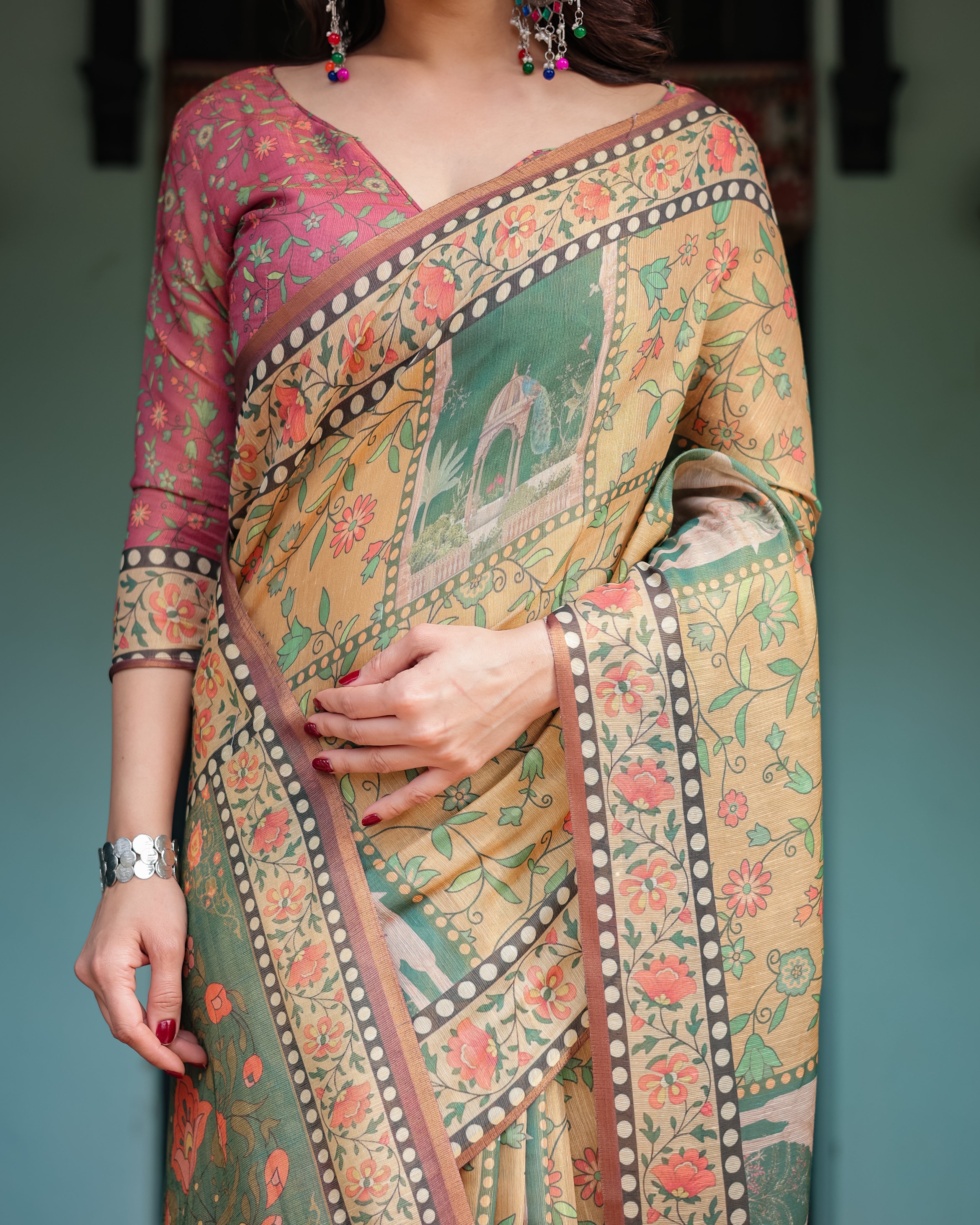 Mustard Yellow with Floral Motifs, Linen Cotton Handloom Printed Saree Architectural Pallu, and Tassels LINEN HANDLOOM