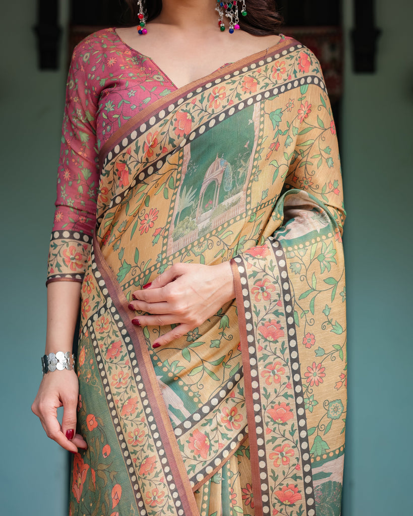 Mustard Yellow with Floral Motifs, Linen Cotton Handloom Printed Saree Architectural Pallu, and Tassels LINEN HANDLOOM