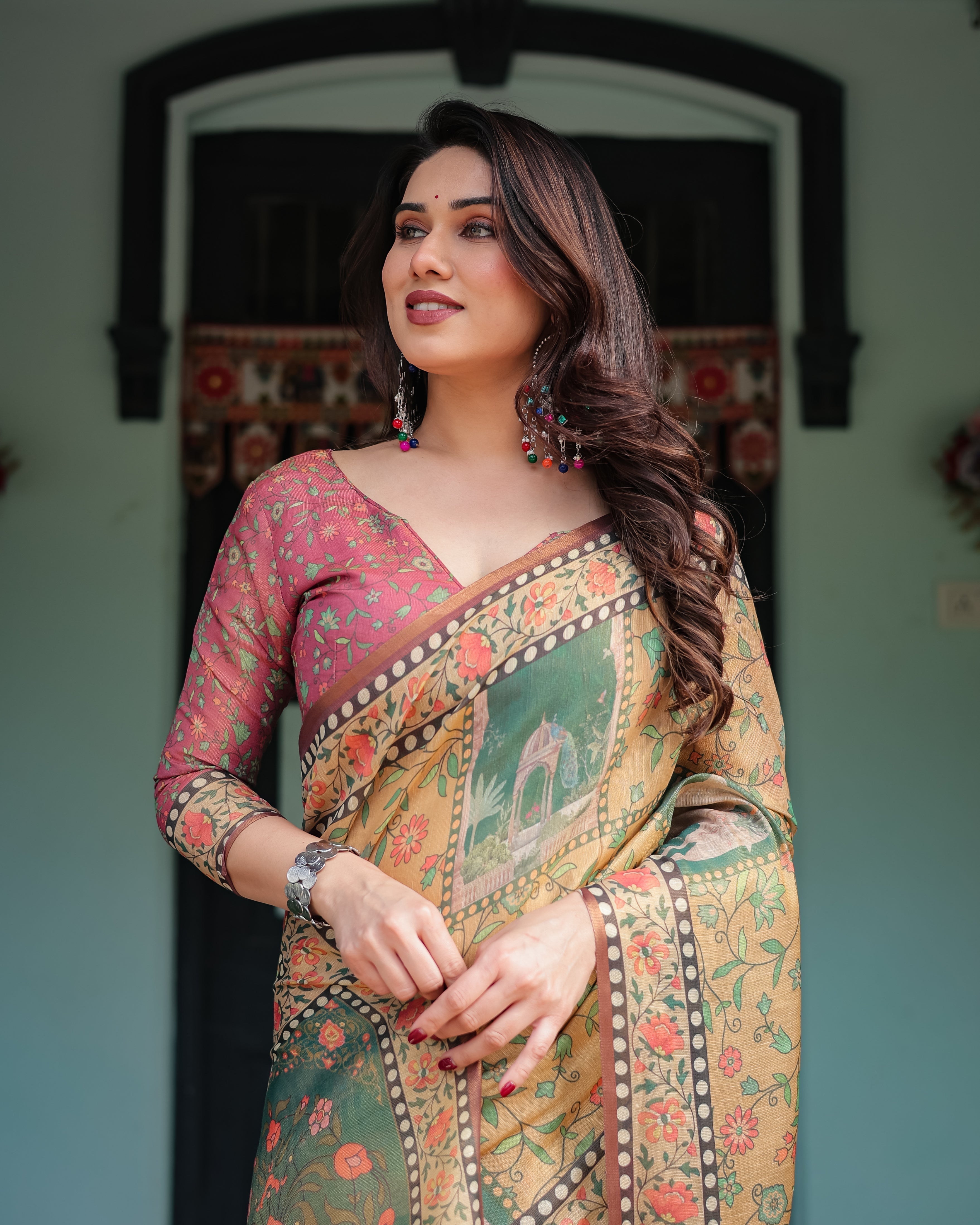 Mustard Yellow with Floral Motifs, Linen Cotton Handloom Printed Saree Architectural Pallu, and Tassels LINEN HANDLOOM